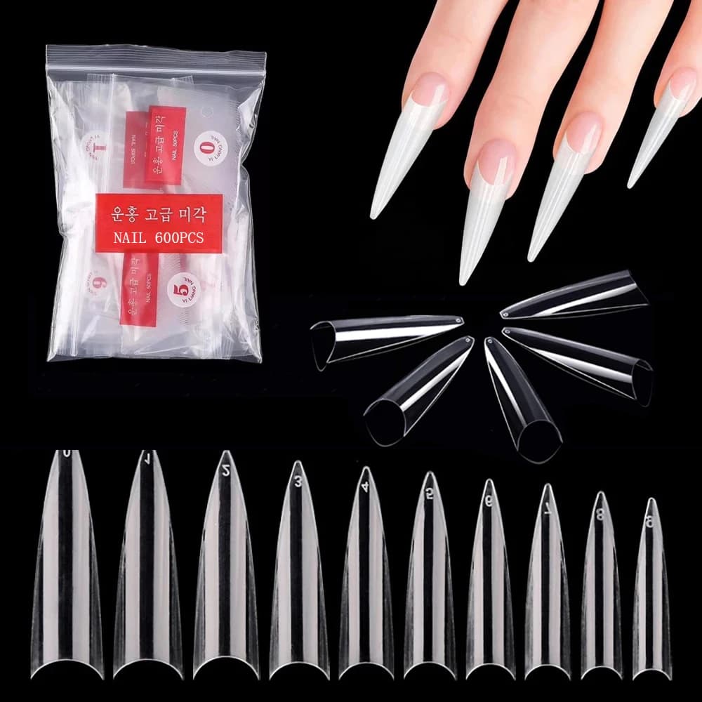 600 pièces faux ongles conseils Stiletto français acrylique clair ongles conseils demi couverture pointu faux ongles longue griffe faux ongles artificiels
