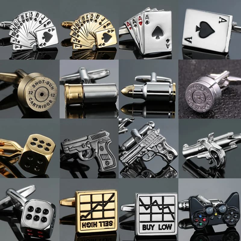 AS haute qualité carte à jouer boutons de manchette nouveau stock de mode marteau dés pistolet boutons de manchette hommes chemise badge broche cadeau de fête d'anniversaire