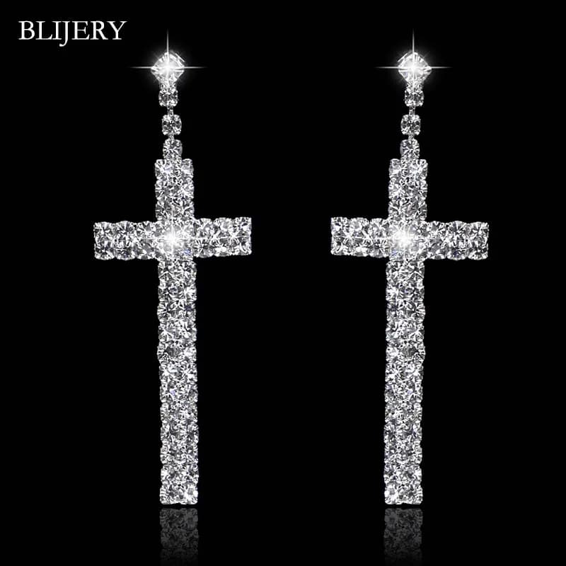 BLIJERY-Boucles d'Oreilles sulfen Forme de Croix pour Femme, Bijoux en Clip, Patients, Documents Argentés, Strass, Pendants de Mariage, Cadeaux