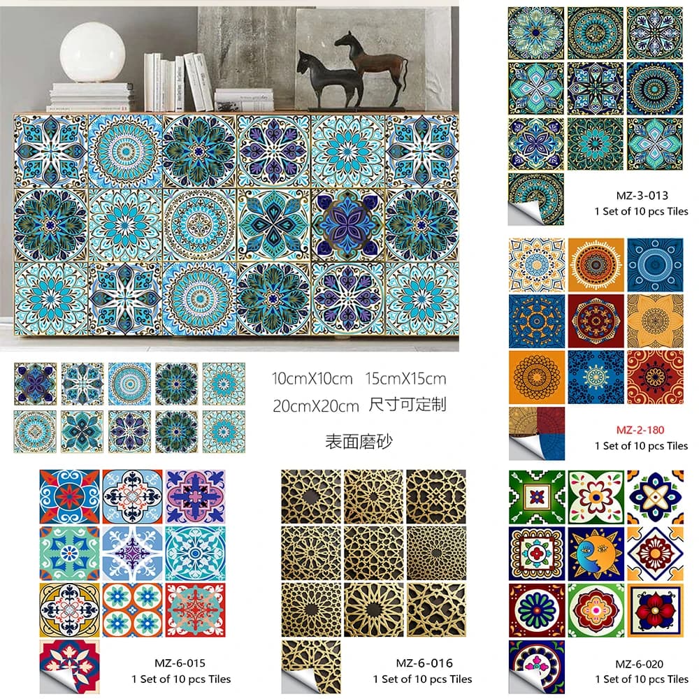 Autocollant mural de style Mandala bleu rêve, surface mate, film de décoration antidérapant pour carrelage/sol dans la cuisine, salle de bain, art mural