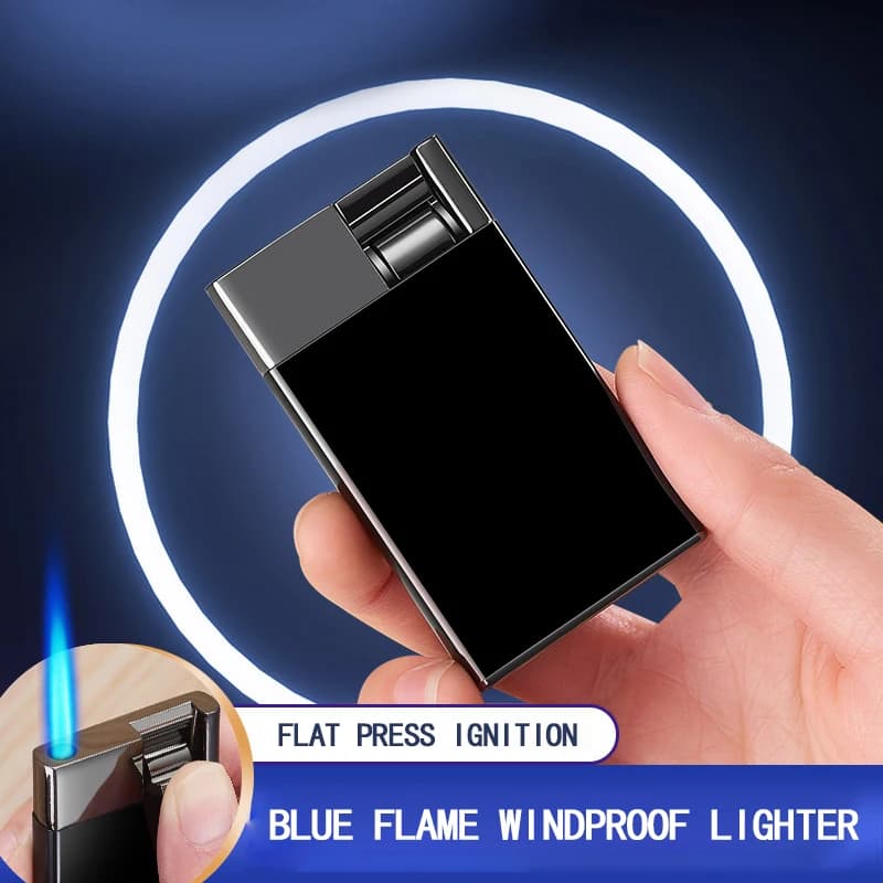 Type mince Cool carte d'allumage forme flamme bleue gonflage réglable coupe-vent torche Unique luxe cigare métal briquet