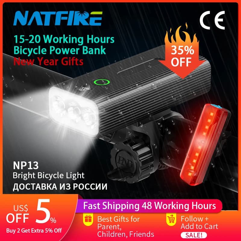NATFIRE-Lumière de vélo LED aste par USB, lampe de poche avant VTT, feu arrière, lampe de sauna, NP13, 4 liqueurs, 800lm