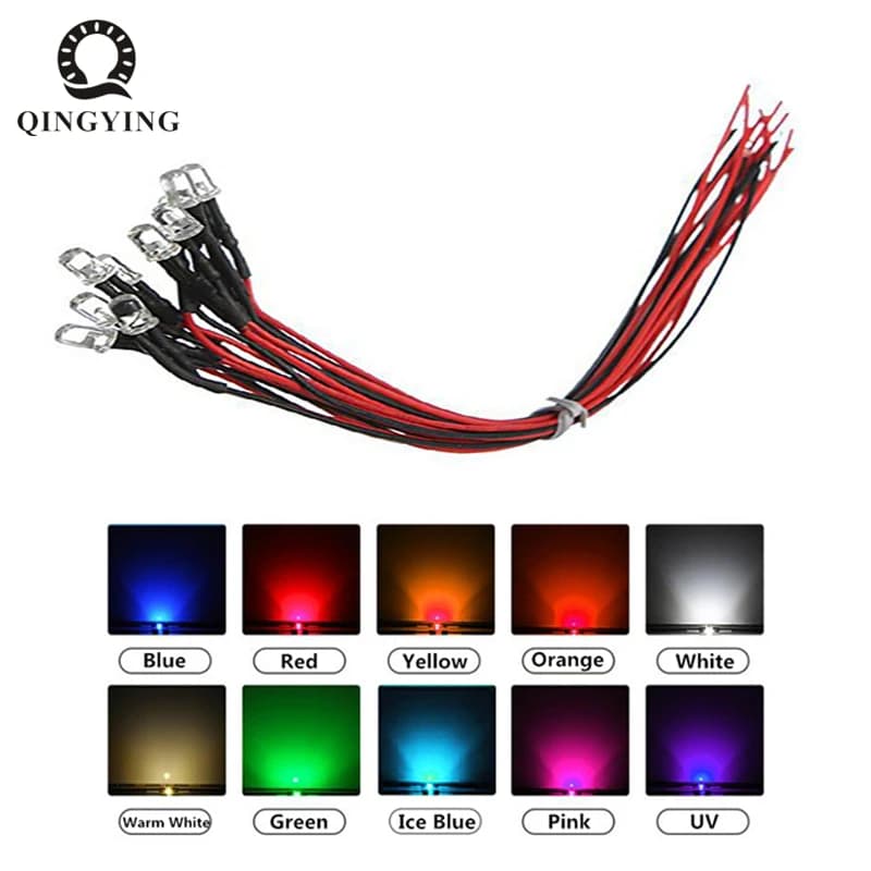 QINGYING 20 pièces 3mm/5mm 3V 5V 12V 24V LED rouge/vert/bleu/jaune/UV/Orange/rose/chaud/blanc/RGB Diodes lumineuses claires à eau pré-câblées
