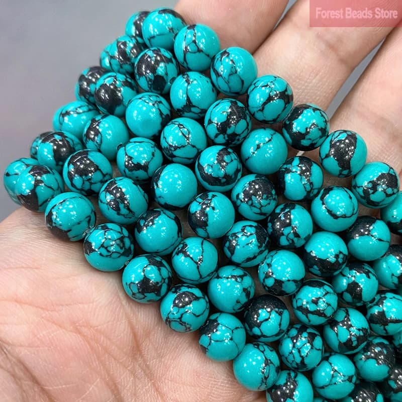 Perles rondes en Turquoises vertes à rayures noires, amples, accessoires de Bracelet, pierre synthétique pour la fabrication de bijoux, 15 pouces, 4/6/8/10/12mm
