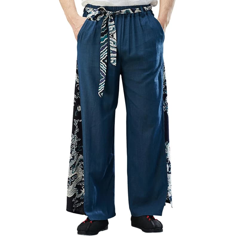 Pantalon sarouel chinois pour hommes, style Dragon Oriental, jambes larges, rétro, en coton et lin, Baggy ample à lacets, pantalon Kung Fu