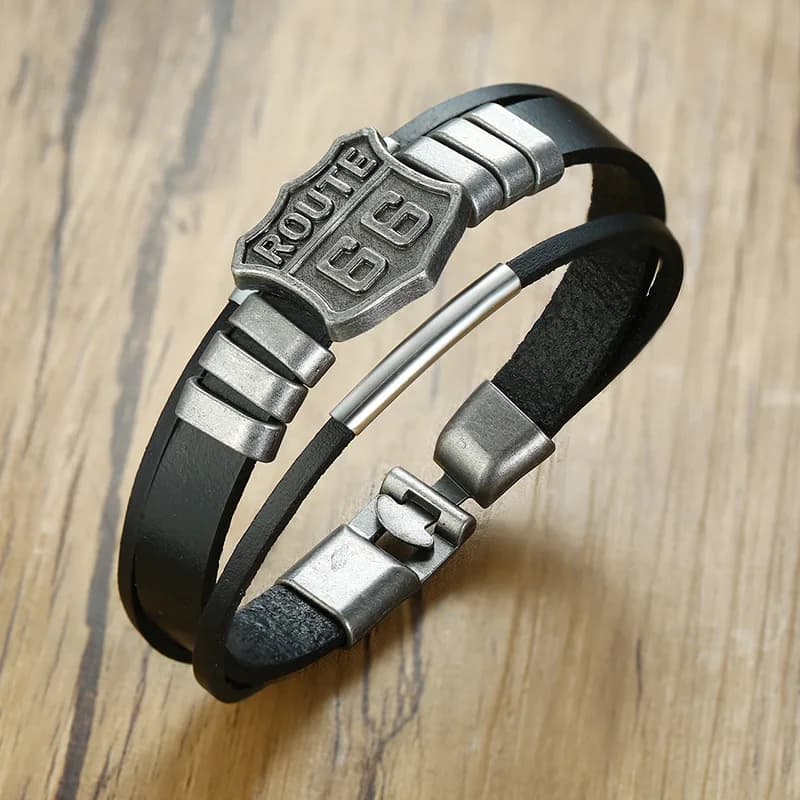 Bracelet en cuir Punk pour hommes, Route 66 américaine, route de la mère, alliage rétro multicouche, bijoux à main, accessoires de personnalité, nouvelle collection 2021