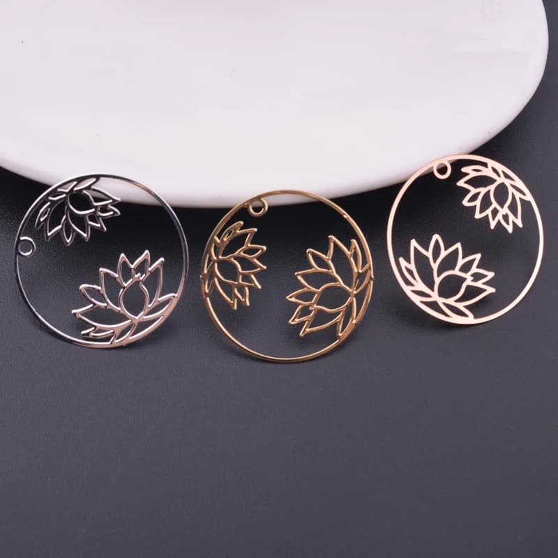 6 pièces de breloques Lotus rondes de couleur or Rose 27mm pendentif fin boucles d'oreilles plaquées argent résultats