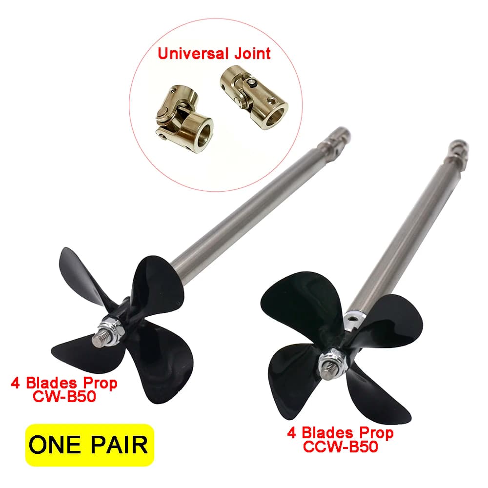 1 paire de moteur de bateau RC 4MM, jeu d'arbres en acier inoxydable, Joint universel en métal avec hélices à 4 pales CW/CCW de 50mm