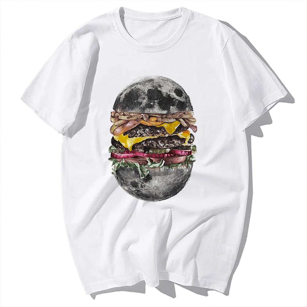 T-shirt manches courtes homme, streetwear, estival et humoristique, décontracté et humoristique, geek, avec Moon burger, super hamburger, blanc, unisexe