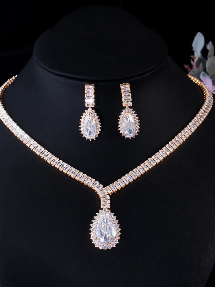 CWWZircons – ensemble de boucles d'oreilles et collier de mariage, goutte d'eau, zircon cubique africain, dubaï, couleur or, bijoux de Costume pour femmes, T524