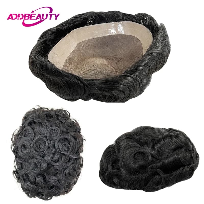 Hommes toupet Fine Mono NPU humain naturel postiche vague droite perruques de cheveux humains 25mm Curl hommes prothèse capillaire couleur naturelle