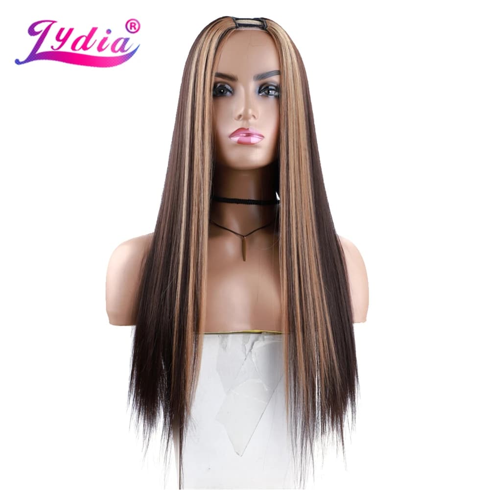 Lydia-Perruque synthétique longue et soyeuse pour femme, cheveux lisses, 20 pouces, mixte, 4/27