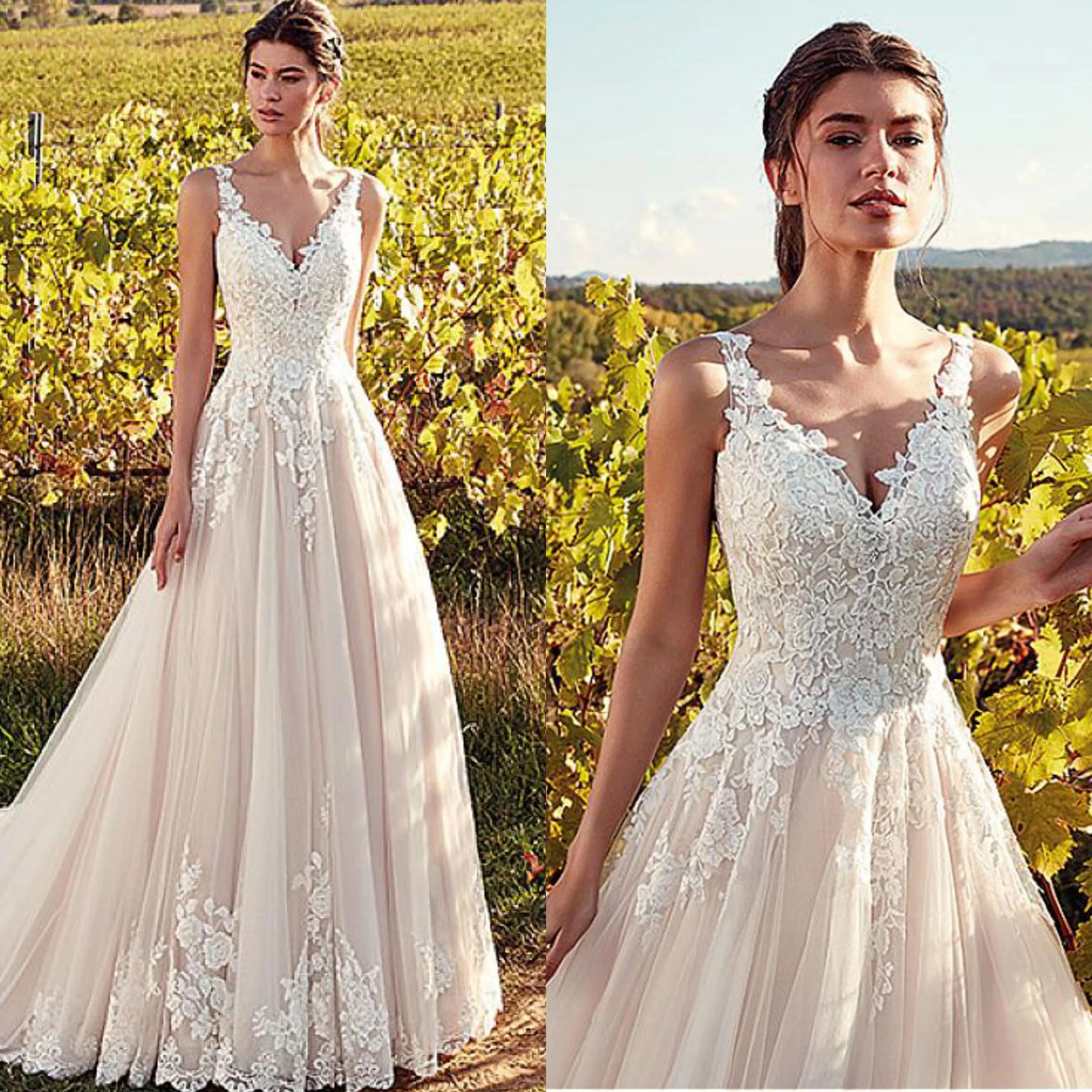 Robes de mariée classiques personnalisées à col en V, couleur champagne, coupe trapèze, avec appliques, longueur au sol, Vestidos De Noiva 2021, robes de mariée pas chères