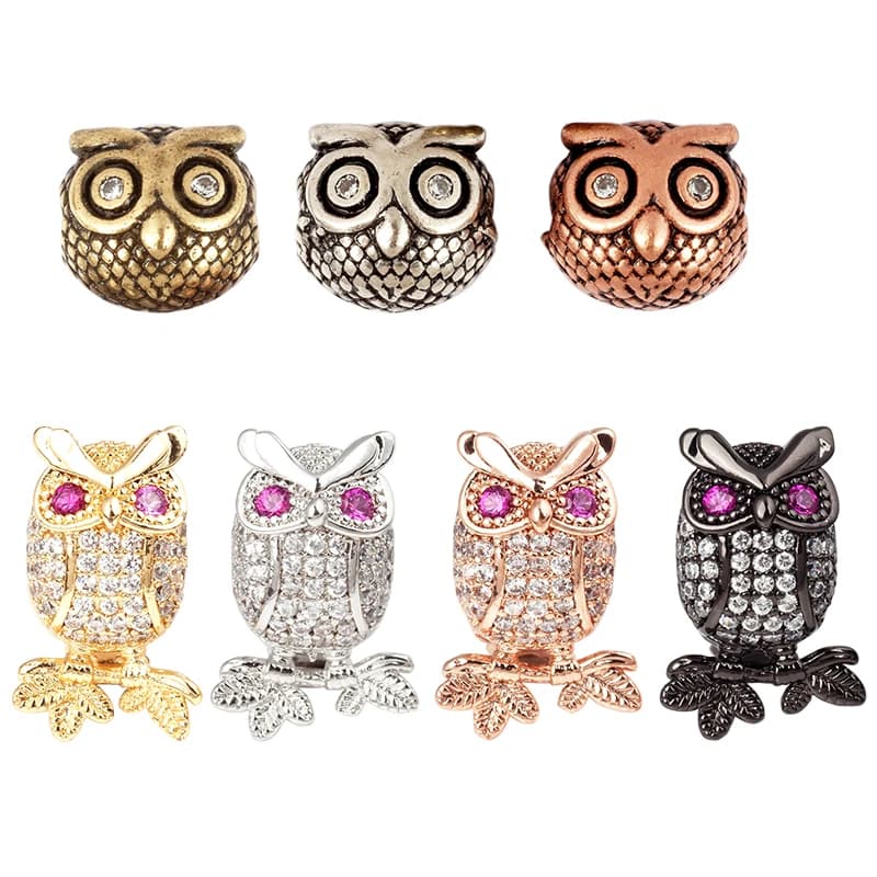 Perle hibou 3D mignonne, perle micro pavée CZ / zircone cubique transparente, perles animales, breloques pour bracelet tendance Q5
