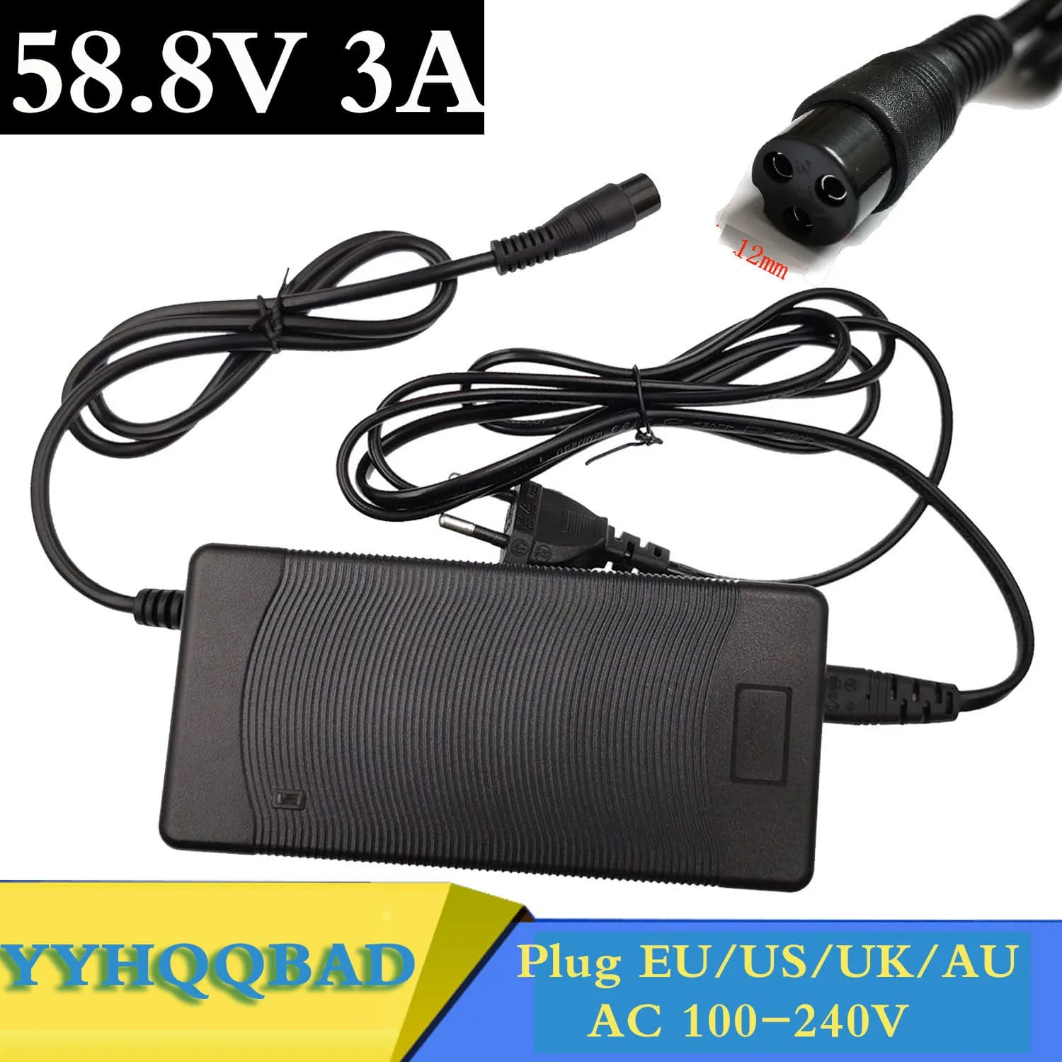 Chargeur de batterie Li-ion 58,8V 3A pour pack de batteries 14S 50,4V 51,8V avec connecteur GX16 3P