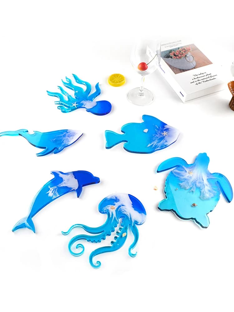 Ensemble de moules en résine époxy en forme d'animaux de l'océan, dessous de verre, tapis de tasse, dauphin, poulpe, tortue de mer, moules en résine Epoxy
