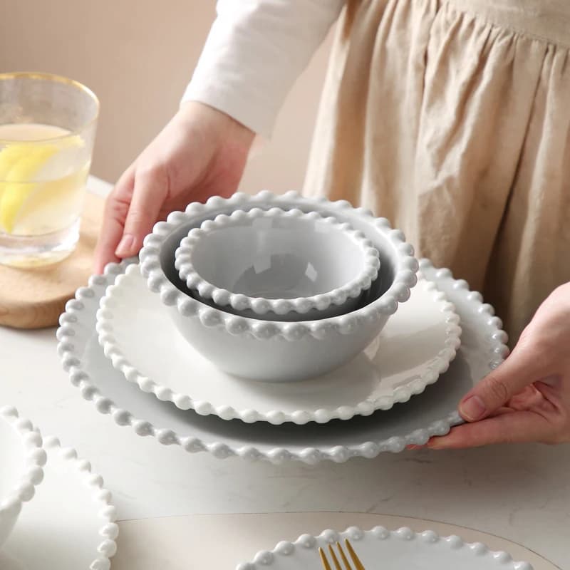 Ensemble de vaisselle en céramique nordique créative perle-jante, plateau plat à steak, assiette à dessert, saladier, vaisselle perlée, forme ronde