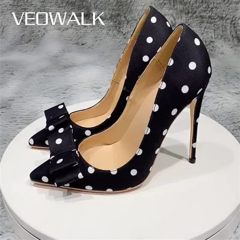 Veowalk-Escarpins en satin à pois pour femmes, chaussures de soirée élégantes pour dames, talon aiguille Parker, nœud papillon, noir, 8cm, 10cm, 12cm