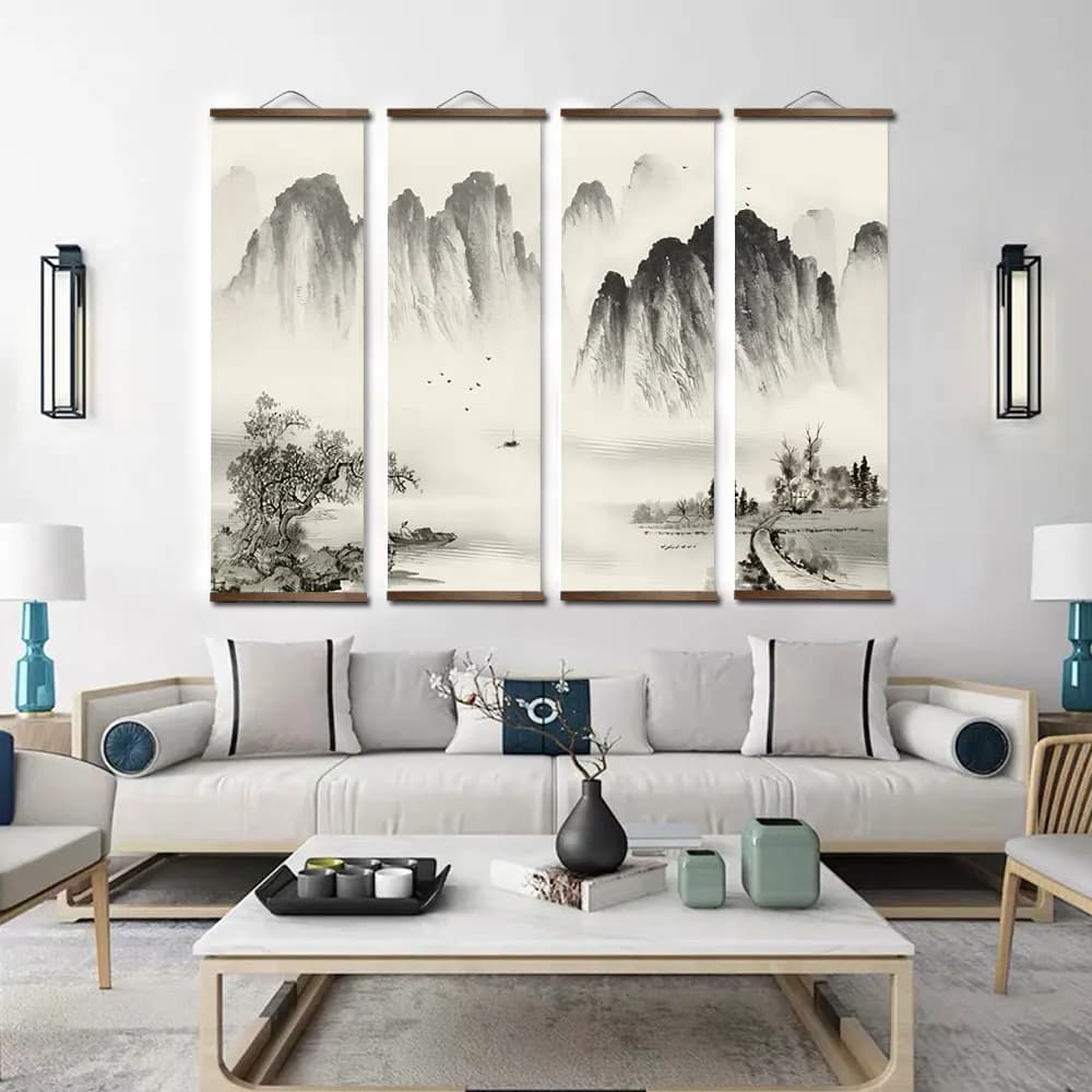 Peinture à l'encre de Style chinois, toile alpine décorative, affiches d'art murales pour chambre à coucher et salon, peintures en rouleau en bois massif