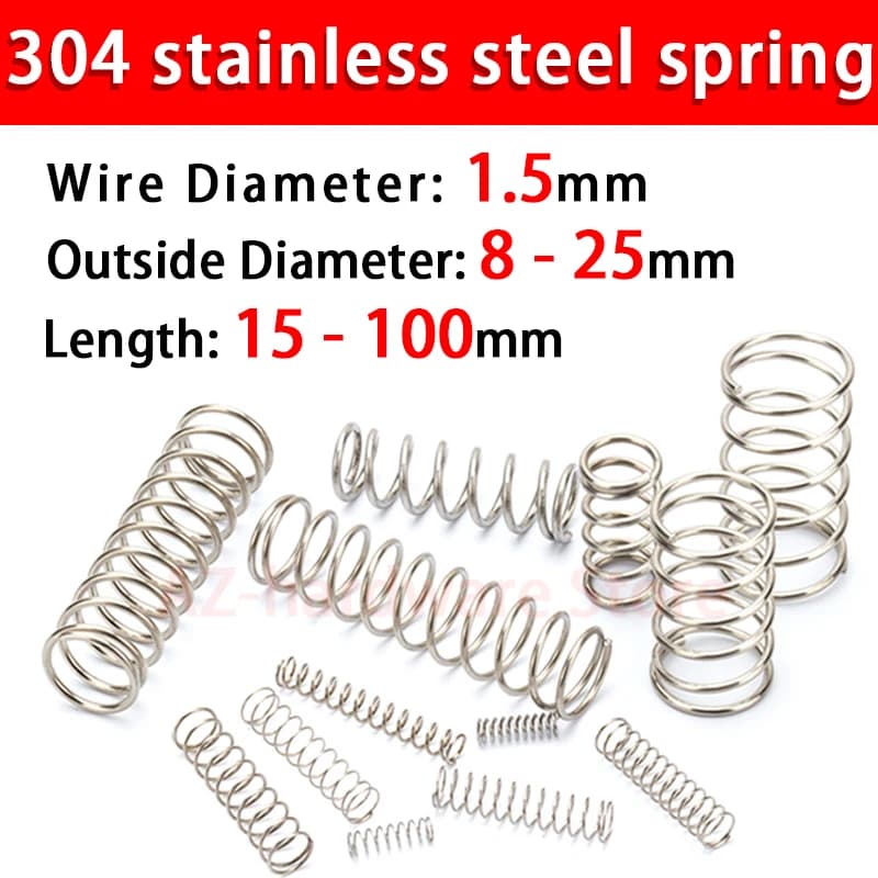 Ressort de compression en acier inoxydable 304, ressort de rappel, diamètre du fil en acier 1.5mm, diamètre extérieur 8 ~ 25mm, 10 pièces