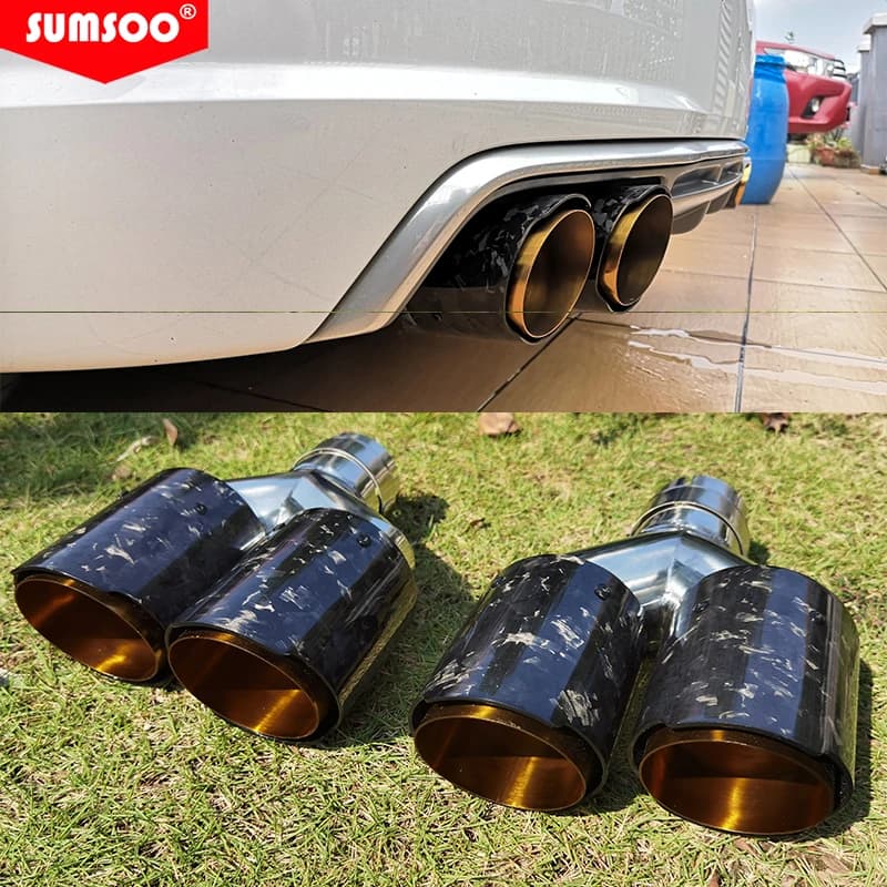 Véritable SUMSOO1PCS double fibre de carbone forgée + pointe d'échappement de voiture en acier inoxydable chromé doré silencieux de Modification de tuyau à Double extrémité