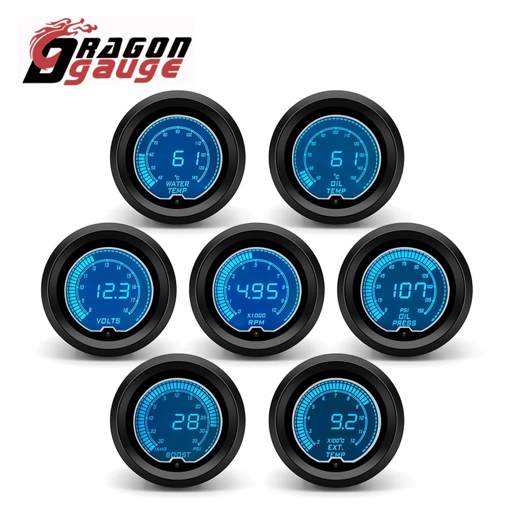 DRAGON jauge 52mm tachymètre tension Boost température de l'eau température d'huile presse à huile jauge ETG LED affichage numérique jauge de voiture 7 couleurs changement