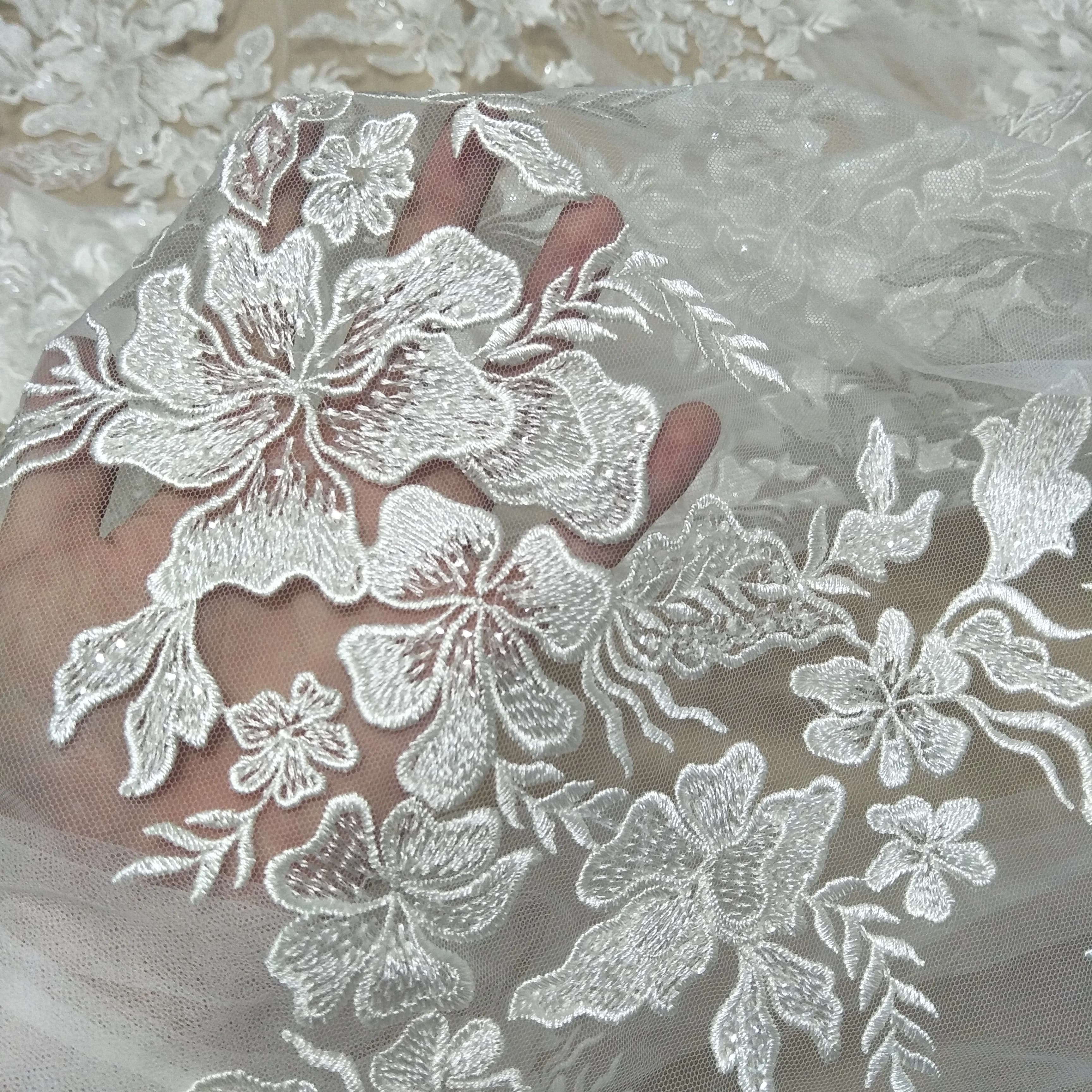 Tissu en dentelle florale avec paillettes, robe de mariée élégante, mode, vente par yard
