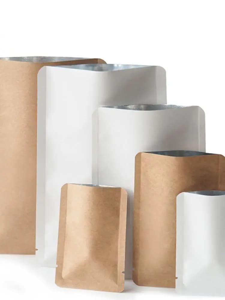 100 pièces blanc marron papier Kraft feuille d'aluminium sac supérieur ouvert thermoscellé encoche de déchirure aliments moulu café grain stockage pochettes d'emballage