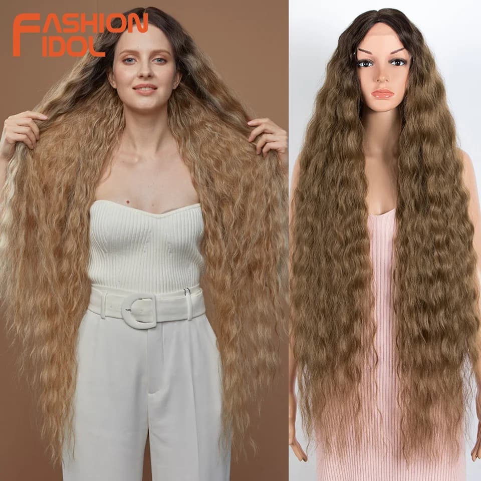 Perruques synthétiques Cosplay vague lâche cheveux avant de lacet perruques pour femmes Ombre brun vague d'eau 42 pouces ​ Perruque résistante à la chaleur pour cheveux bouclés