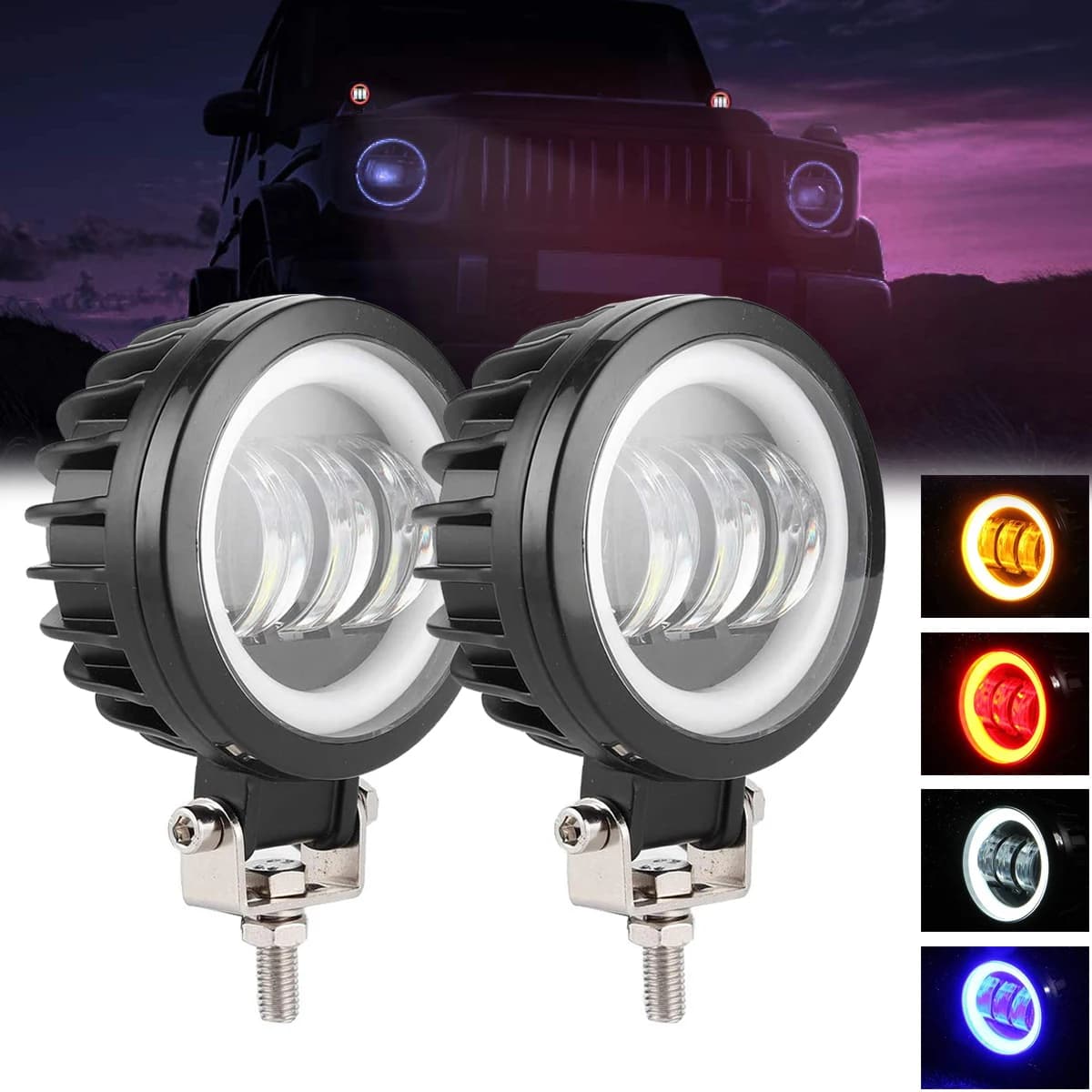 Lampe de travail 30W, anneau Halo œil d'ange 3.5 pouces, phare de conduite tout-terrain pour moto, camion, voiture, SUV 12V 24V, blanc 6500K DRL