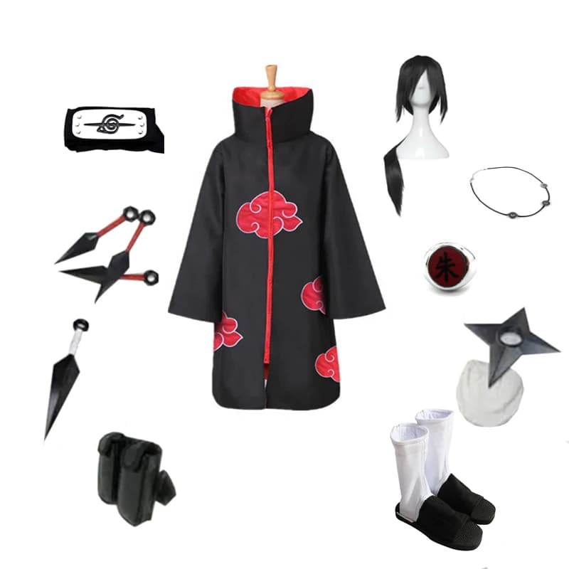 Brdwn-Akatsuki Itachi Costume Cosplay Unisexe Trempé, Nuage Rouge Everak, Bande de Sauna, Chaussures, Bague, Kunai, Sac, Shuriken, Collier