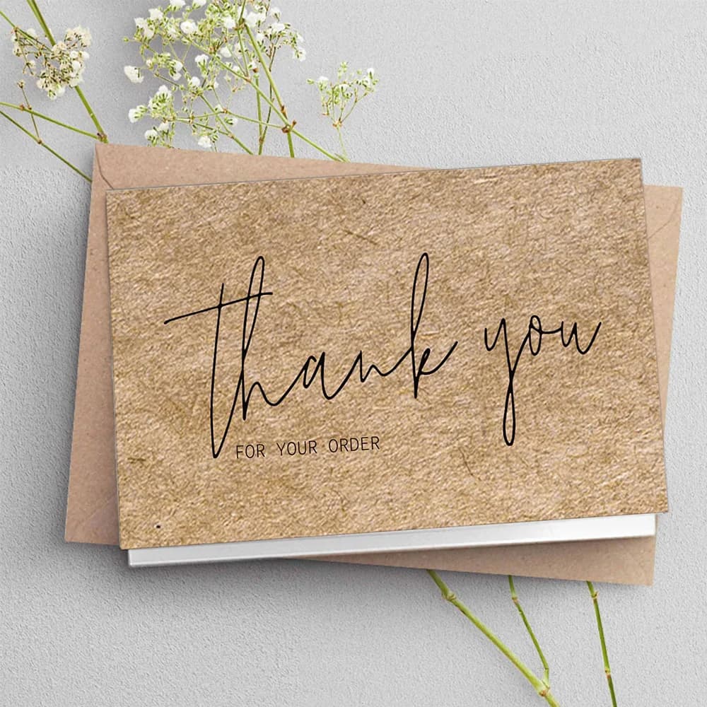 Carte de remerciement en papier Kraft naturel, 30 pièces, pour magasin d'entreprise, carte de commande de remerciement, vente en gros, carte de décoration cadeau personnalisée