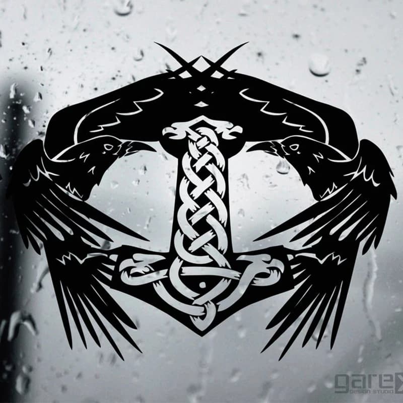 Autocollant mural en vinyle pour chambre à coucher, dessin animé Thor Hammer Vikings, Mjölnir et Huginn & Munin