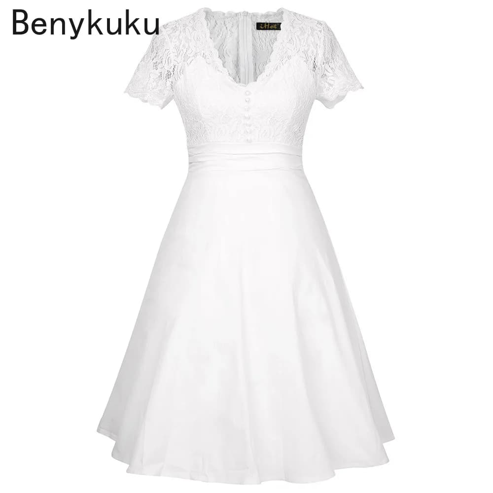 Robe trapèze sexy à col en V profond et taille haute, avec empiècements en dentelle blanche, pour femme, style Rockabilly Pin Up, décontractée, pour soirée ou fête estivale