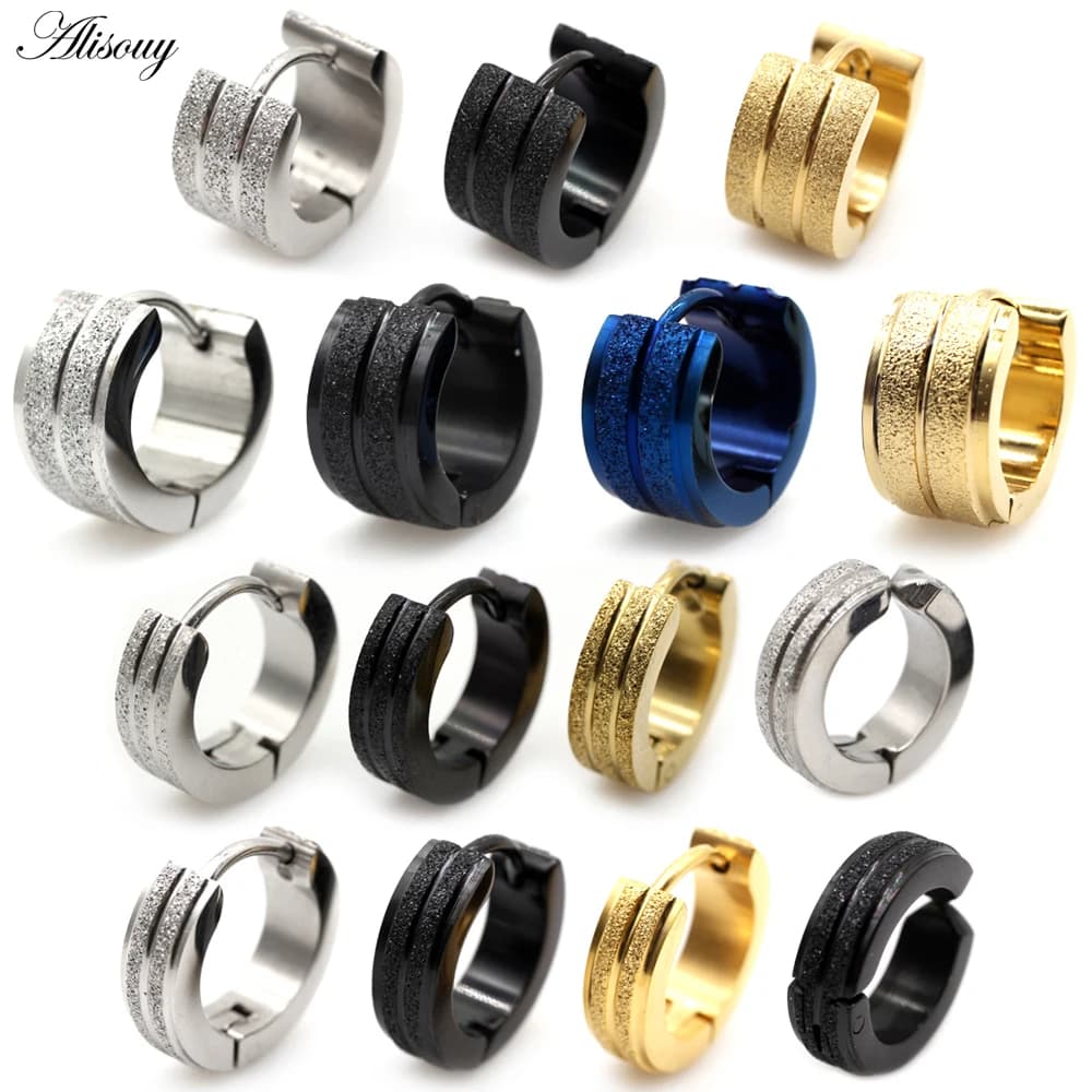 Alisouy 2 pièces nouveau givré gommage rainure oreille boucle d'oreille en acier inoxydable petit cercle boucles d'oreilles pour femmes hommes Punk Piercing bijoux