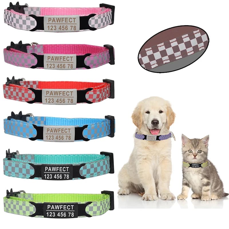 Collier à carreaux réfléchissants pour animaux de compagnie, personnalisé, identification gratuite, gravure en Nylon pour chat, réglable pour chiots et chatons, nouvelle collection