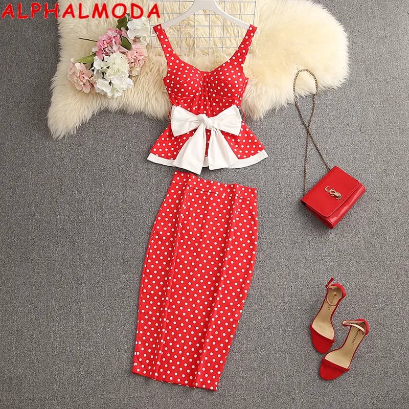 ALPHALMODA Ensemble 2 pièces mode pour femme : Haut ajusté à volants et nœuds décoratifs + Jupe crayon fendue au dos