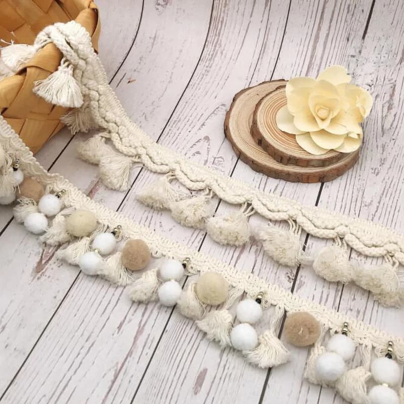 Bande de pompons 1Y, largeur 6CM, ruban à franges, dentelle beige et blanche, tissu tricoté, accessoires artisanaux perlés faits à la main
