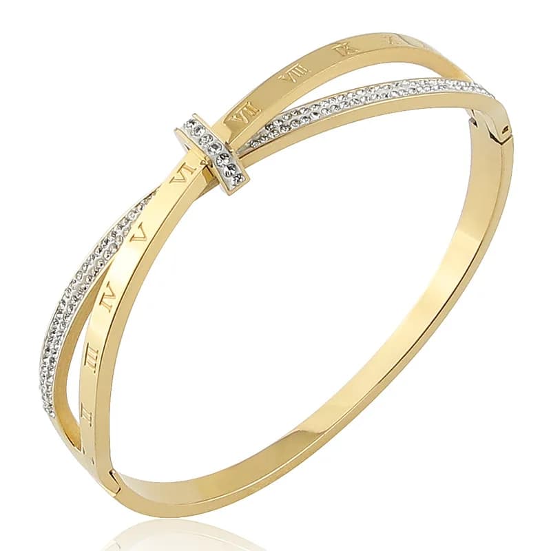 Nouveaux bracelets en acier inoxydable avec zirconiums cubiques, motif chiffres romains entrelacés, pour femmes qui aiment les cadeaux, vente en gros.