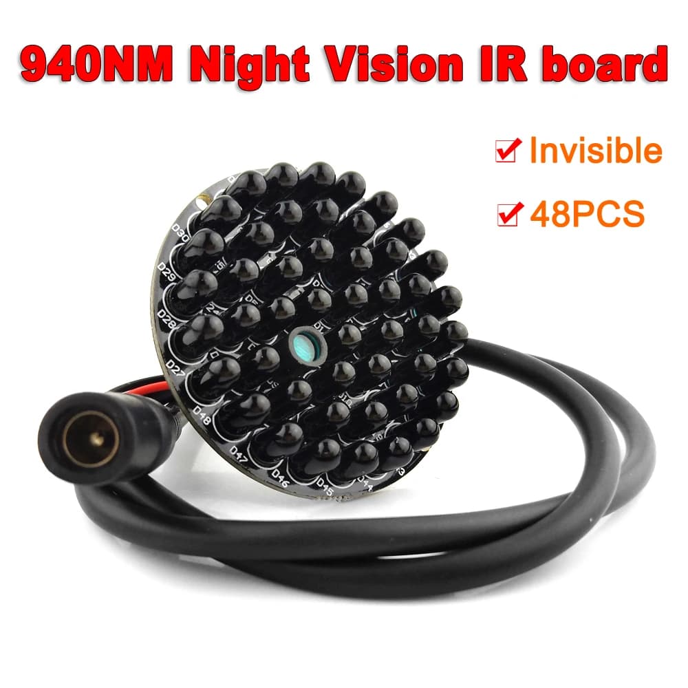 Panneau d'éclairage infrarouge invisible 940nm, sans exposition rouge la nuit, 48 pièces, pour caméra CCTV, vision nocturne + câble d'alimentation