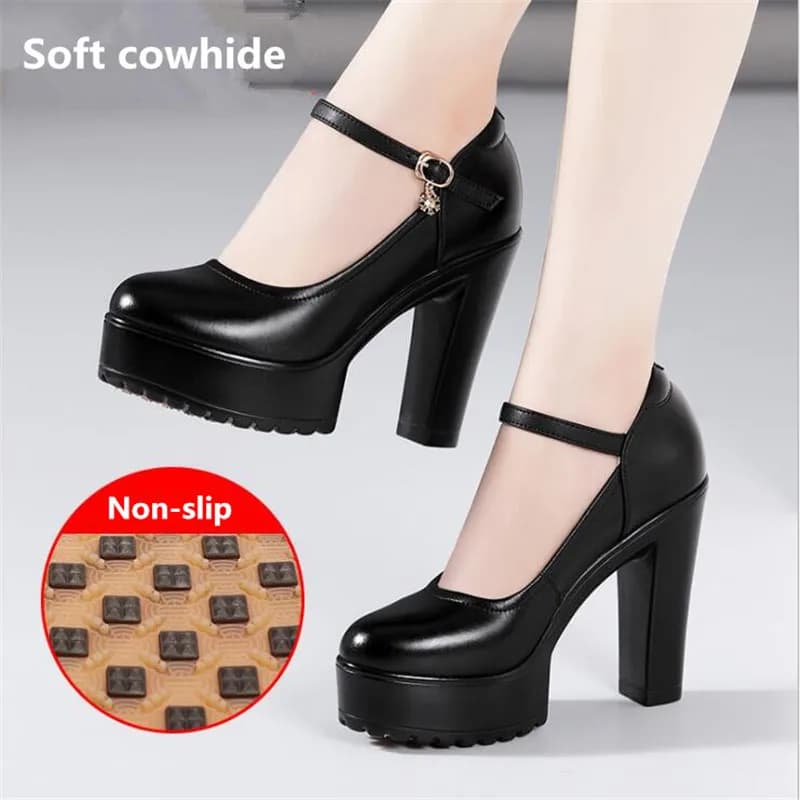 Chaussures à Talons Hauts en Cuir de Vache pour Femmes, Escarpins à Essence, Plateforme Mary, Travail de Bureau, Mariage, 32-43