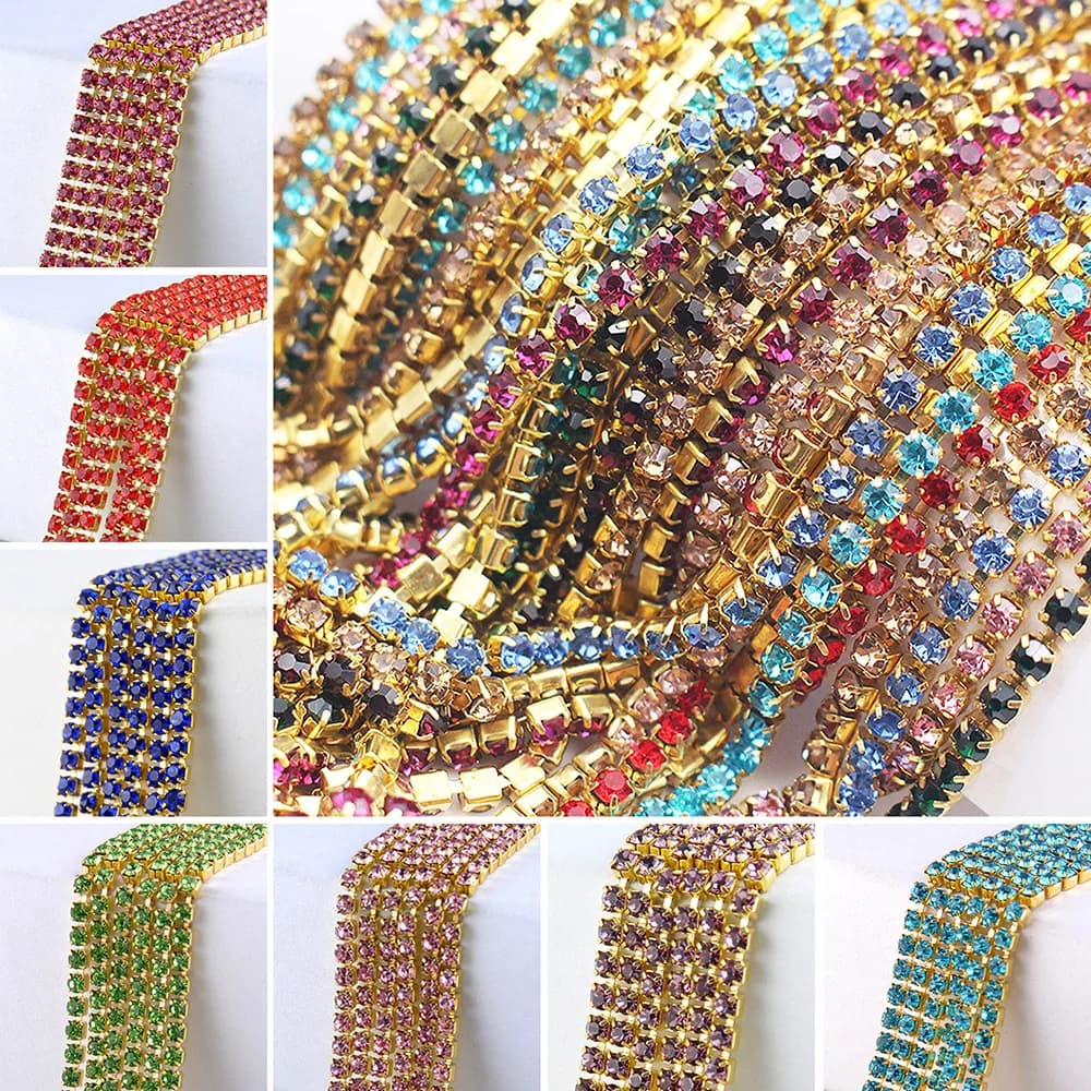 Chaîne de strass de 1 yard SS6-SS12, base dorée, cristaux brillants, pierres à coller, chaîne de strass pour vêtements, travaux d'aiguille, artisanat et bijoux
