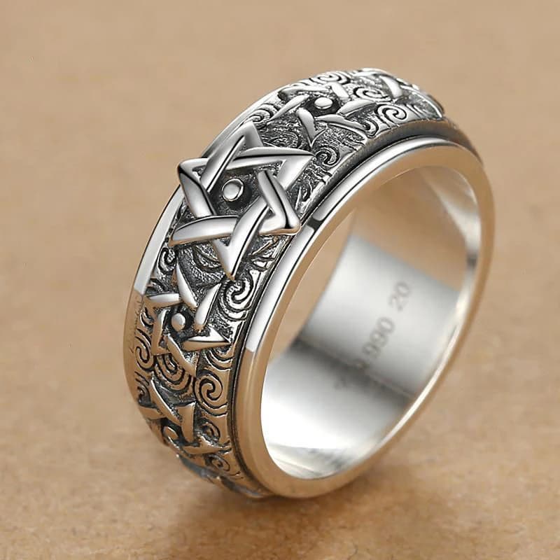 HX – bague rotative couleur argent pour hommes, rétro dominateur, étoile à Six branches, Version large, Index thaïlandais fermé