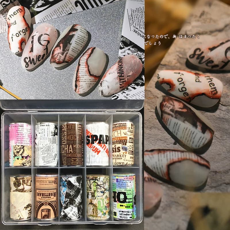 Feuilles adhésives pour journaux, 10 rouleaux, pour transfert d'autocollants en papier, curseur de magzine, enveloppes adhésives pour ongles, décorations pour Nail Art en marbre à l'eau