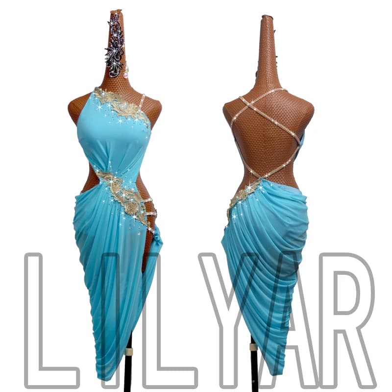 Robe de danse brodée dorée courte bleu lac personnalisée pour adultes, performance de concours de danse latine, nouveau