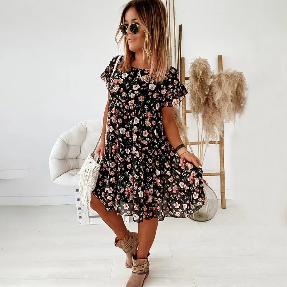 Robe d'été décontractée à imprimé floral pour femmes, 2021, style Boho, manches courtes, mode féminine, volants