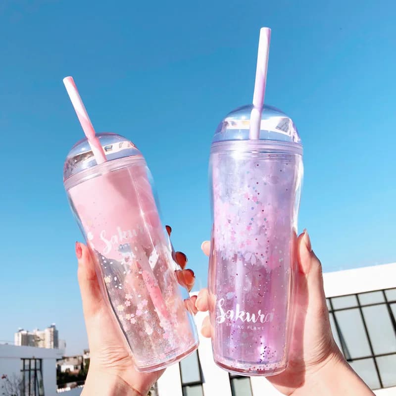 Tasse à café portable en plastique sans BPA rose et violet avec paille, verres de voyage standard pour l'eau, thé, lait, jus, cadeau d'anniversaire