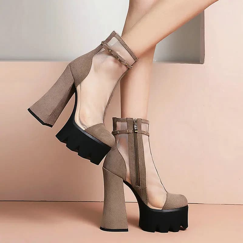 Bottines en Faux daim à plateforme pour femme, chaussures en maille, courtes, à talons carrés et hauts, avec fermeture éclair latérale, été 2021