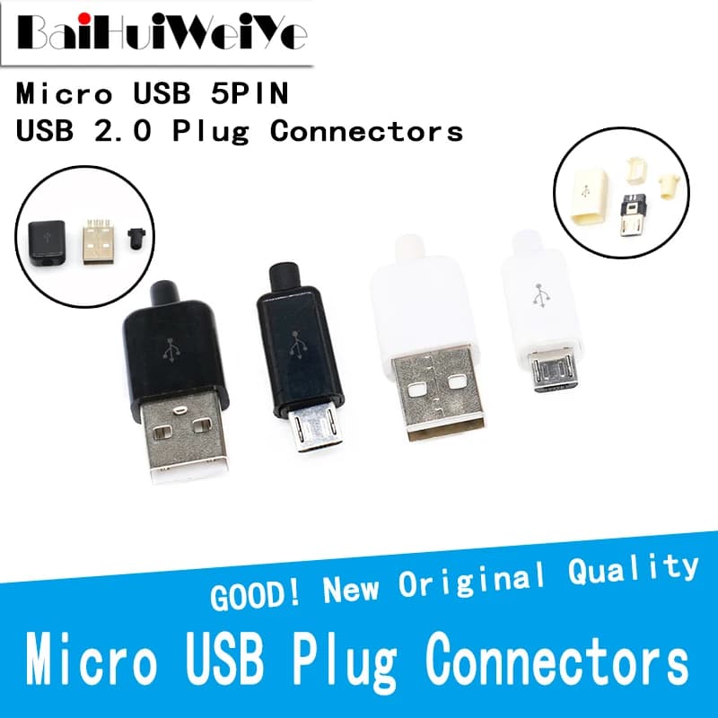 Connecteur Micro USB 5 broches/USB 2.0 4 broches, 10 pièces, assemblage mâle, adaptateur, Type de soudure, chargeur de données en plastique