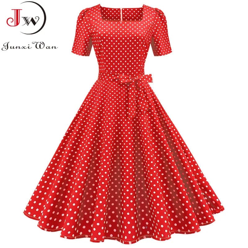 Robe midi vintage élégante à pois pour femmes, été, manches courtes, col carré, coupe A-line, robe de soirée, style années 50-60, grande taille